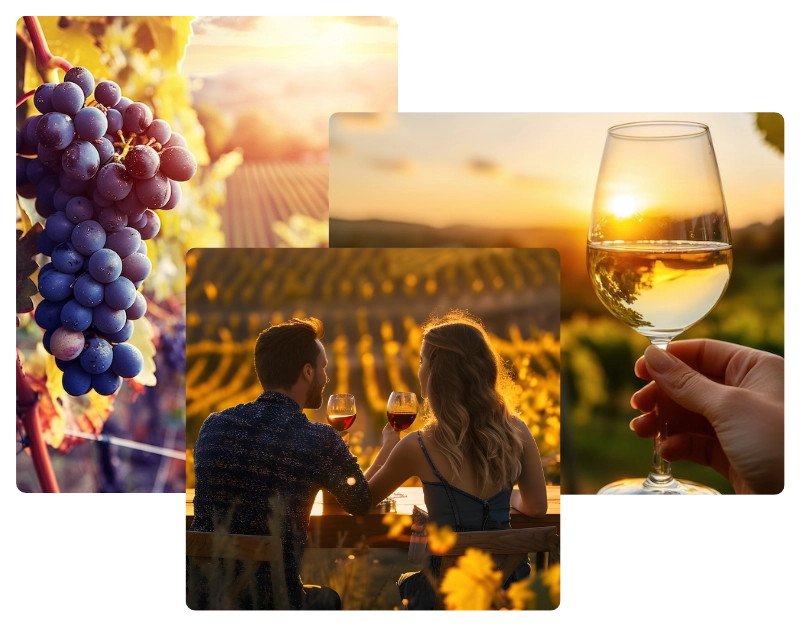 Picture collage of grapes, a wine glass, and a couple drinking wine together